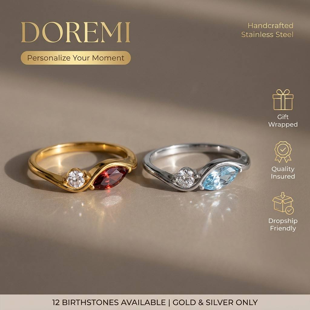 Birthstone Ring Set - แหวนสแตนเลสกันน้ำ ทนต่อการหมองคล้ำ พร้อมอัญมณีประจำเดือนเกิดแบบกำหนดเอง แหวนสองเม็ด Toi et