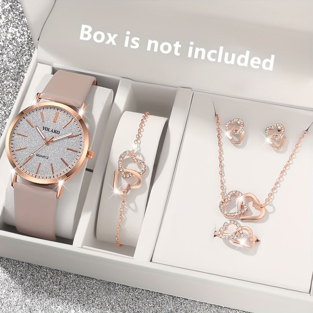 Unique Jewelry Watches - นาฬิกาควอตซ์ผู้หญิงดีไซน์เรียบหรู 6 ชิ้น พร้อมตัวเรือนโลหะผสมทรงกลม หน้าปัดเรียบง่าย ชุดเครื่องประดับรูปหัวใจสุดพิเศษ