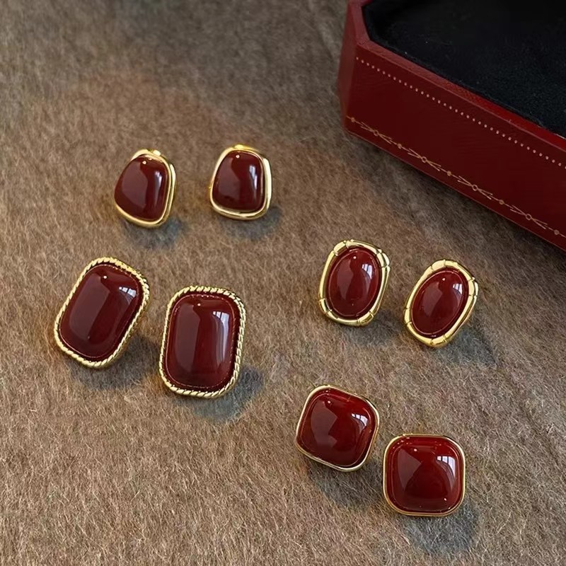 Opal Earrings Dangle - ต่างหูทรงสี่เหลี่ยมเรขาคณิตเคลือบสีแดงไวน์สไตล์วินเทจสำหรับผู้หญิง เครื่องประดับงานแต่งงานสุดหรู