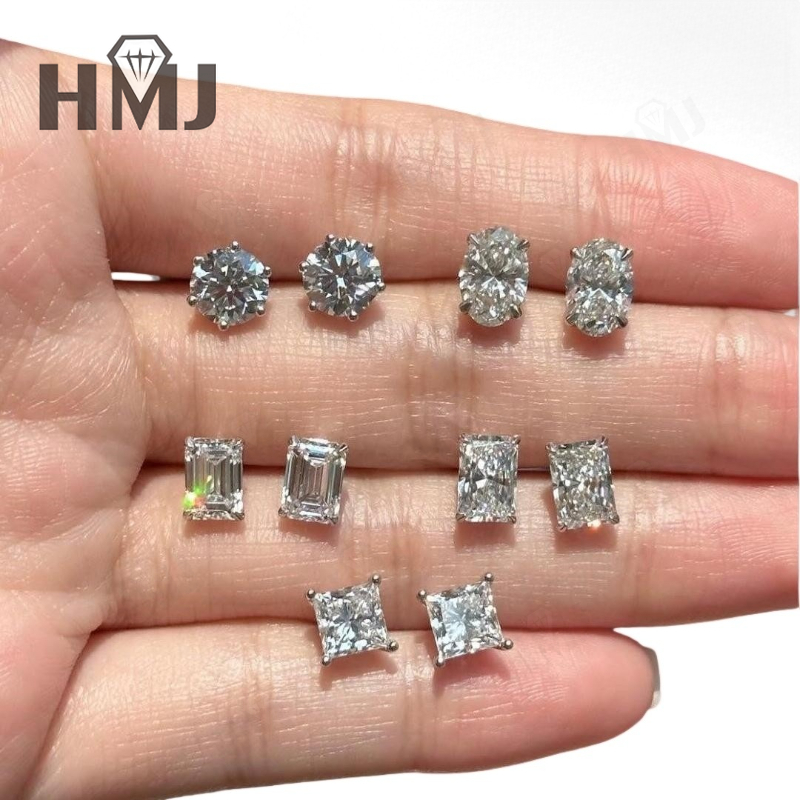 Diamond Stud Earrings - ต่างหูแบบติดหูขายส่ง เพชรโมอิสซาไนต์ เงินแท้ 925 ทรงมรกต ทรงกลม
