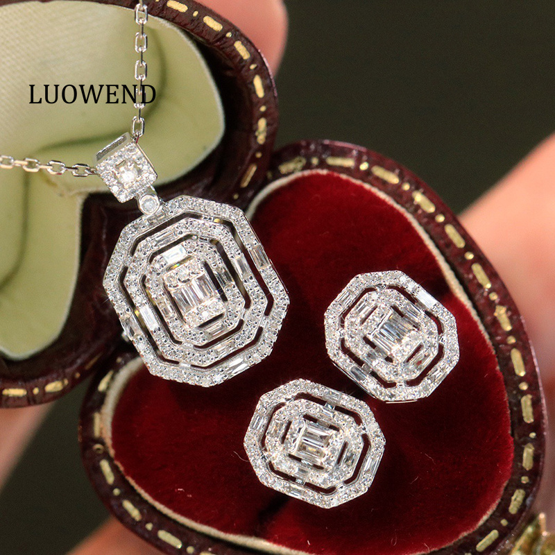 Diamond Stud Earrings - LUOWEND 100% 18K ต่างหูทองคำขาวสไตล์หรูหราเพชรธรรมชาติแท้ต่างหูและสร้อยคอสำหรับผู้หญิงชุดเครื่องประดับปาร์ตี้ระดับไฮเอนด์