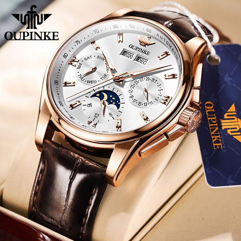 Mens Mechanical Watch - นาฬิกาข้อมือผู้ชาย OUPINKE รุ่นลำลอง สายหนังแท้ ระบบออโตเมติก กลไกจักรกล