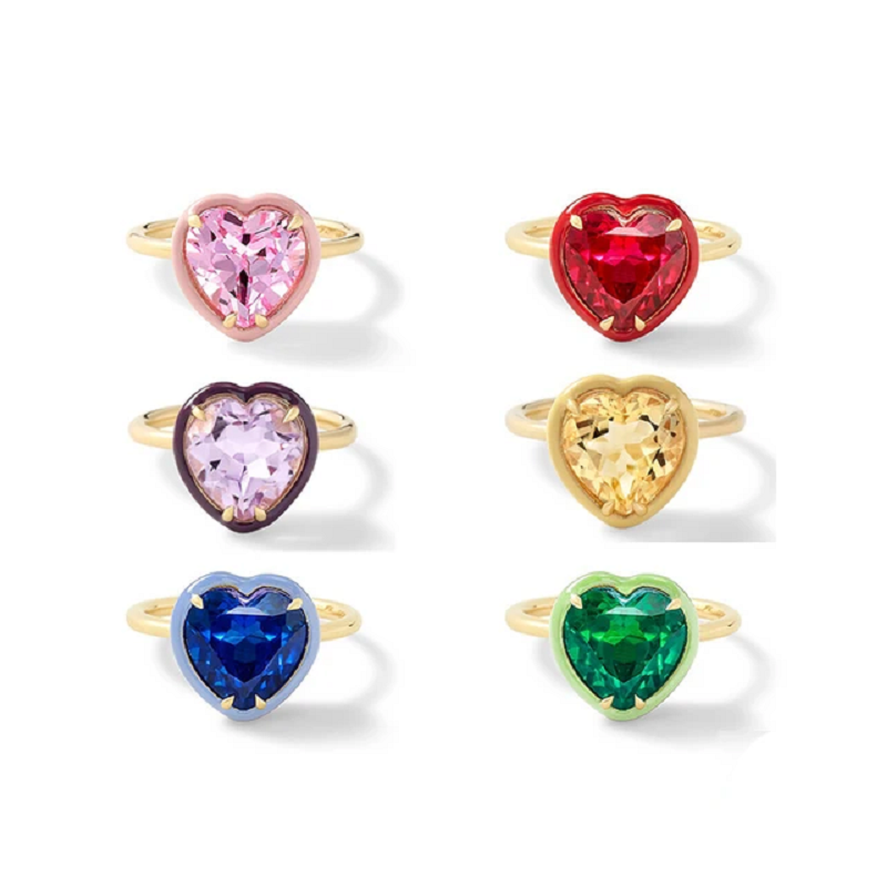 Birthstone Ring Set - เพชรสังเคราะห์รูปหัวใจหลากสีแหวนสำหรับผู้หญิงพลอยเทียมเคลือบทองเครื่องประดับแฟชั่น