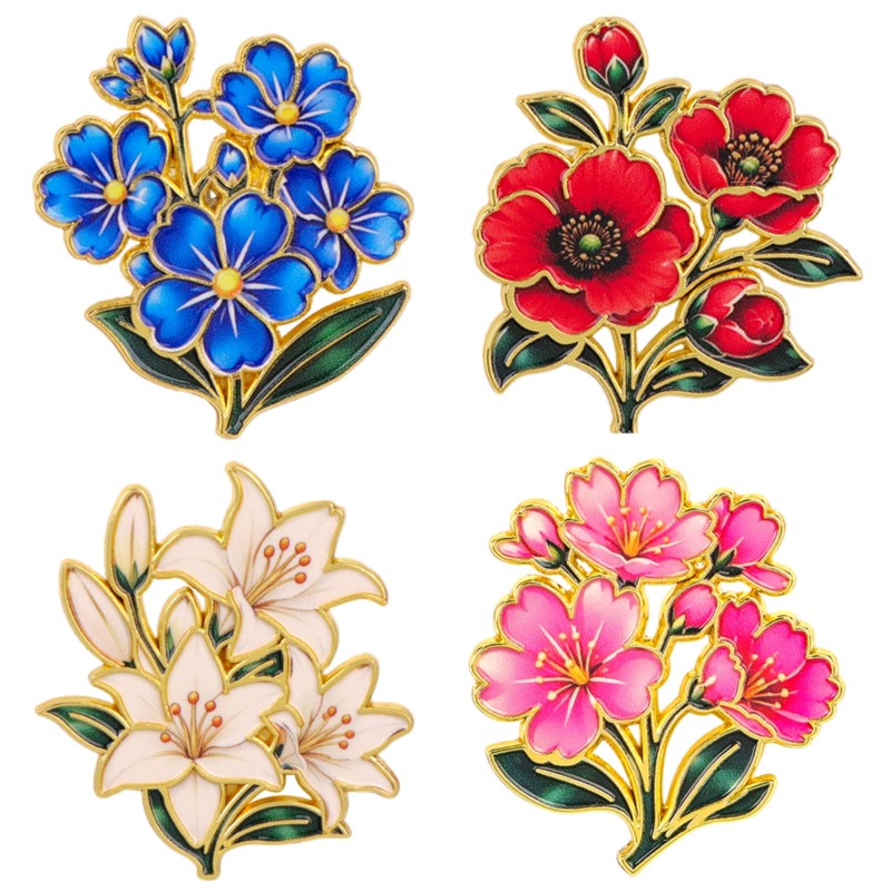 Vintage Brooch Pin - เข็มกลัดเคลือบสีสันสดใสลายดอกไม้สไตล์วินเทจน่ารัก ลายดอกลิลลี่ เชอร์รี่ ดอกป๊อปปี้ ใบไม้สีฟ้า เหมาะสำหรับติดกระเป๋าเป้