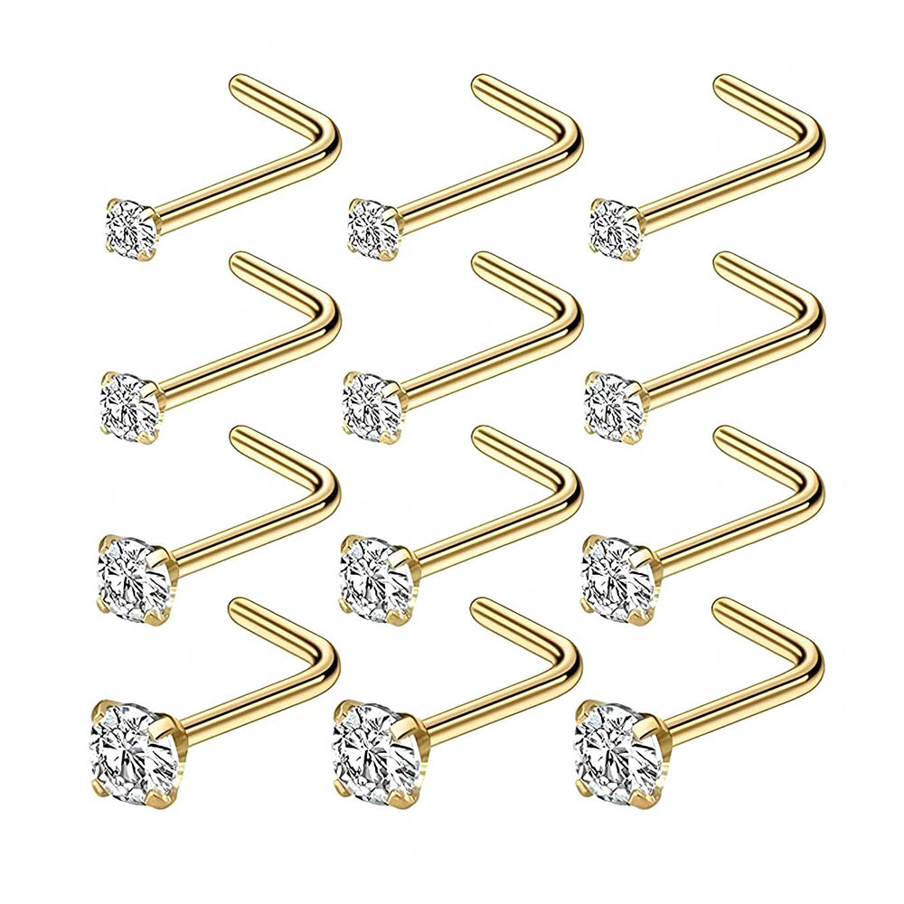 Diamond Stud Earrings - ชุดต่างหูเจาะจมูกแบบตัวแอล 12 ชิ้น ทำจากสแตนเลส 316L ป้องกันการแพ้