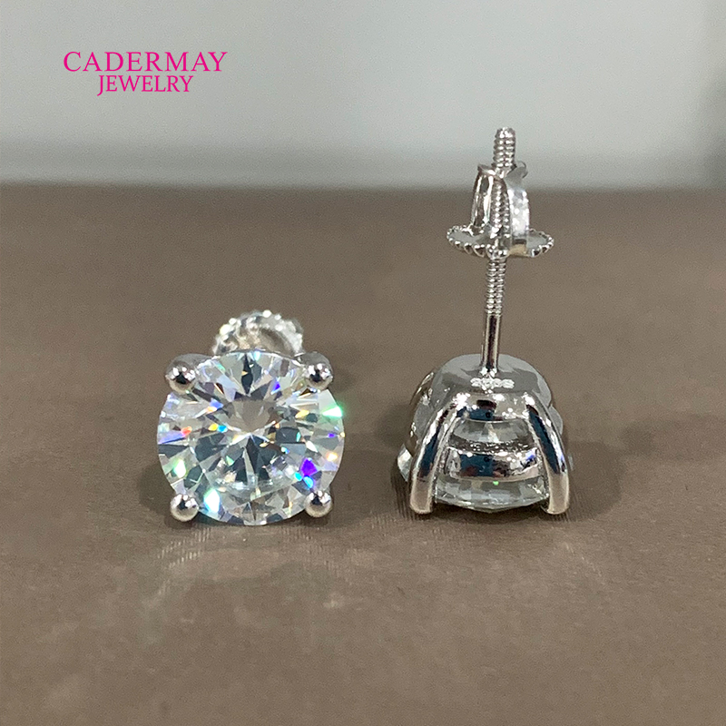 Diamond Stud Earrings - คุณภาพสูง 4 Prongs สกรูกลับ 10 มม.4ct